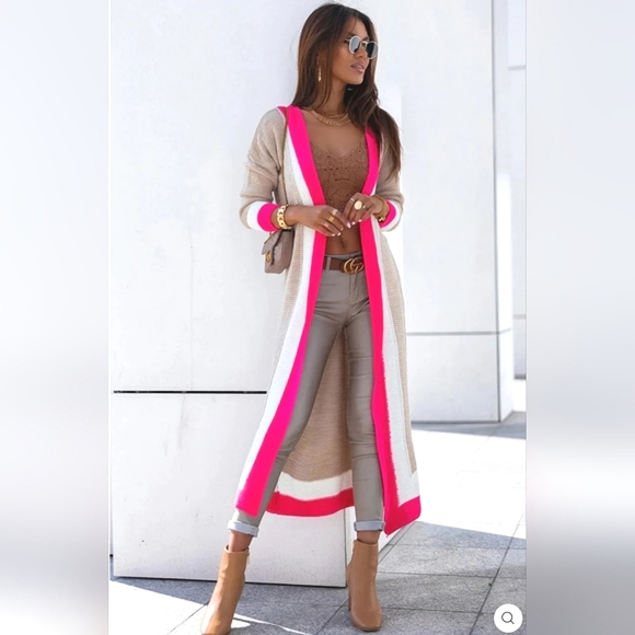 Cersei Sweaters - "CERSEI" ITALIAN DESIGNER CARDIGAN LONGLINE COLOR BLOCK IN HOT PINK - US 10-12